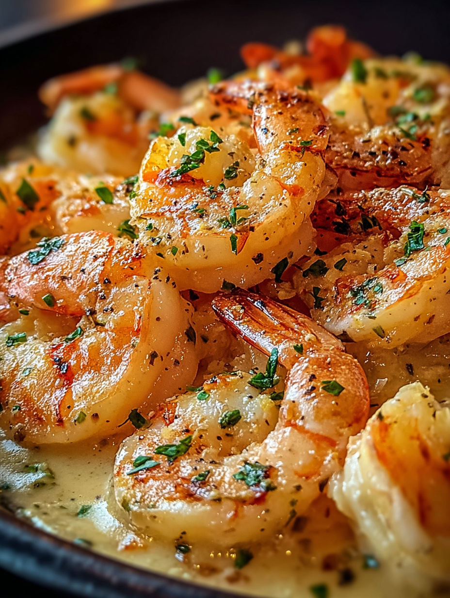 A plate of shrimp scampi with a green herb on top.