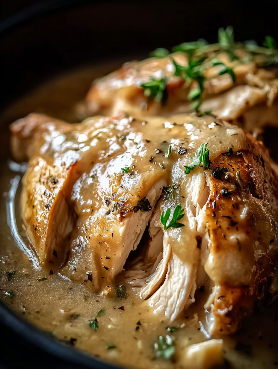 A close up of a chicken breast in a crock pot.