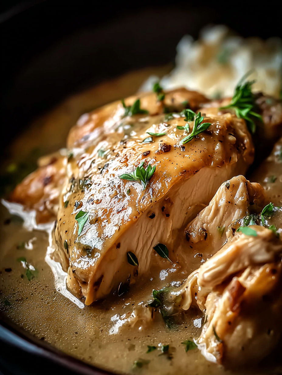 A close up of a chicken breast in a crock pot.