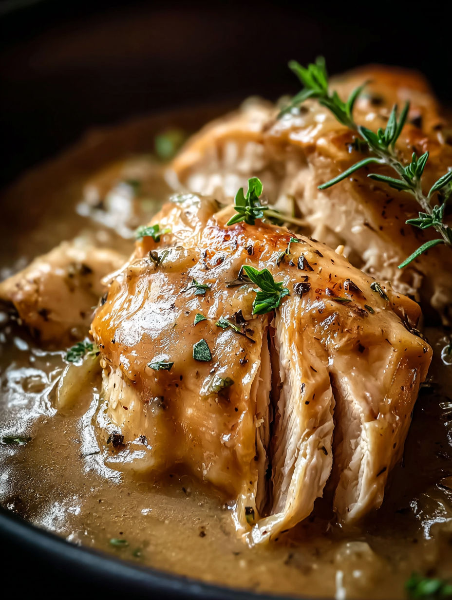 A close up of a crock pot with chicken and gravy.
