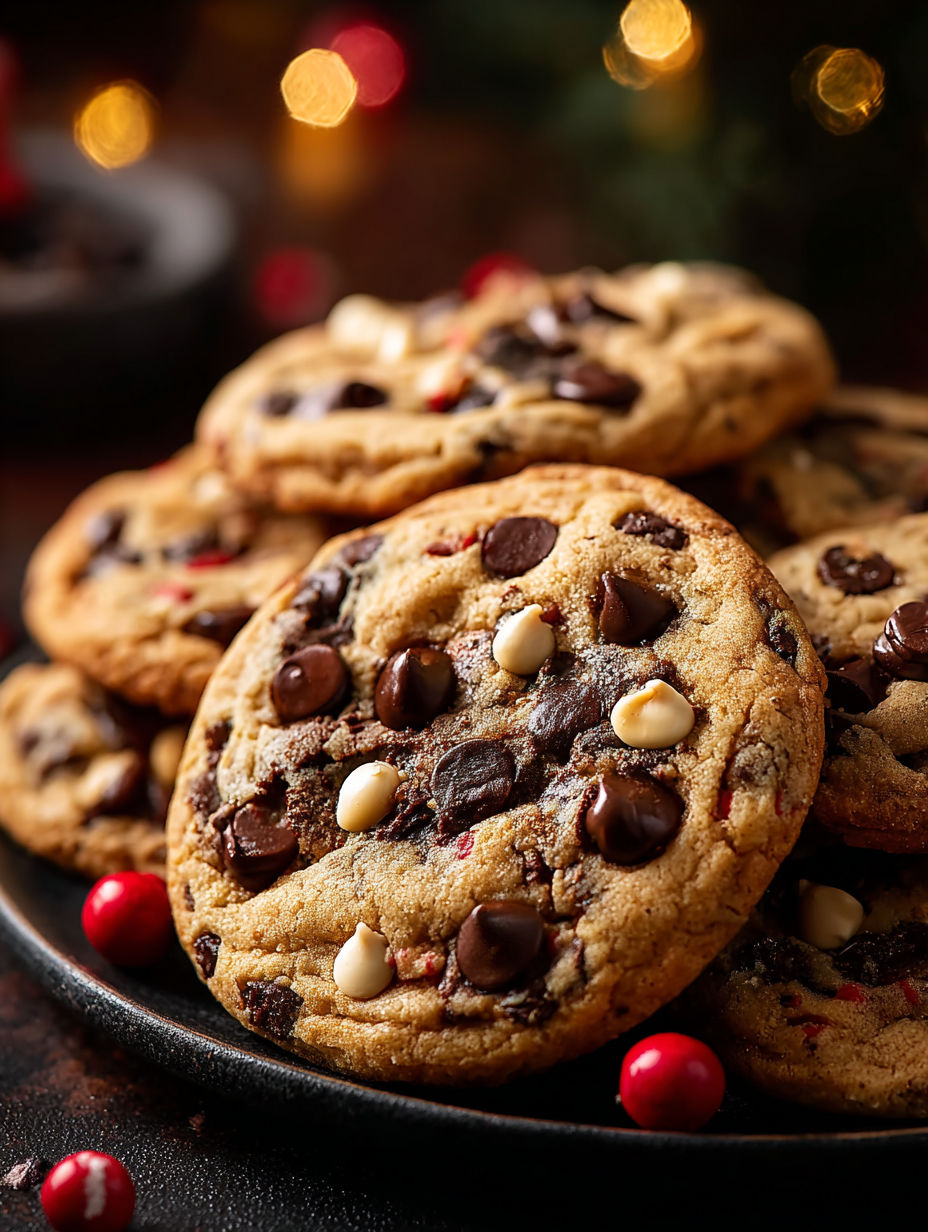 A plate of chocolate chip cookies.