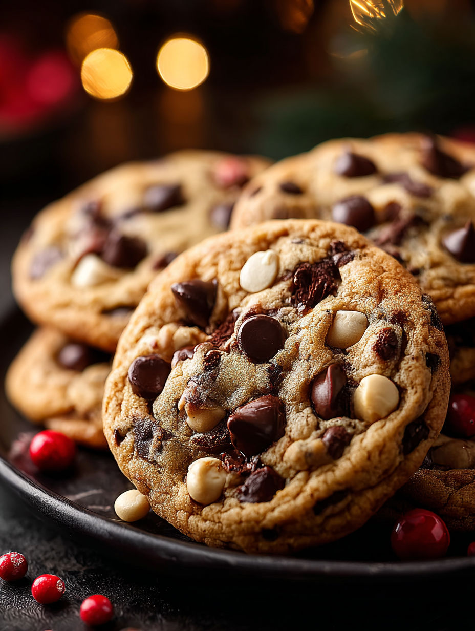 A plate of chocolate chip cookies.