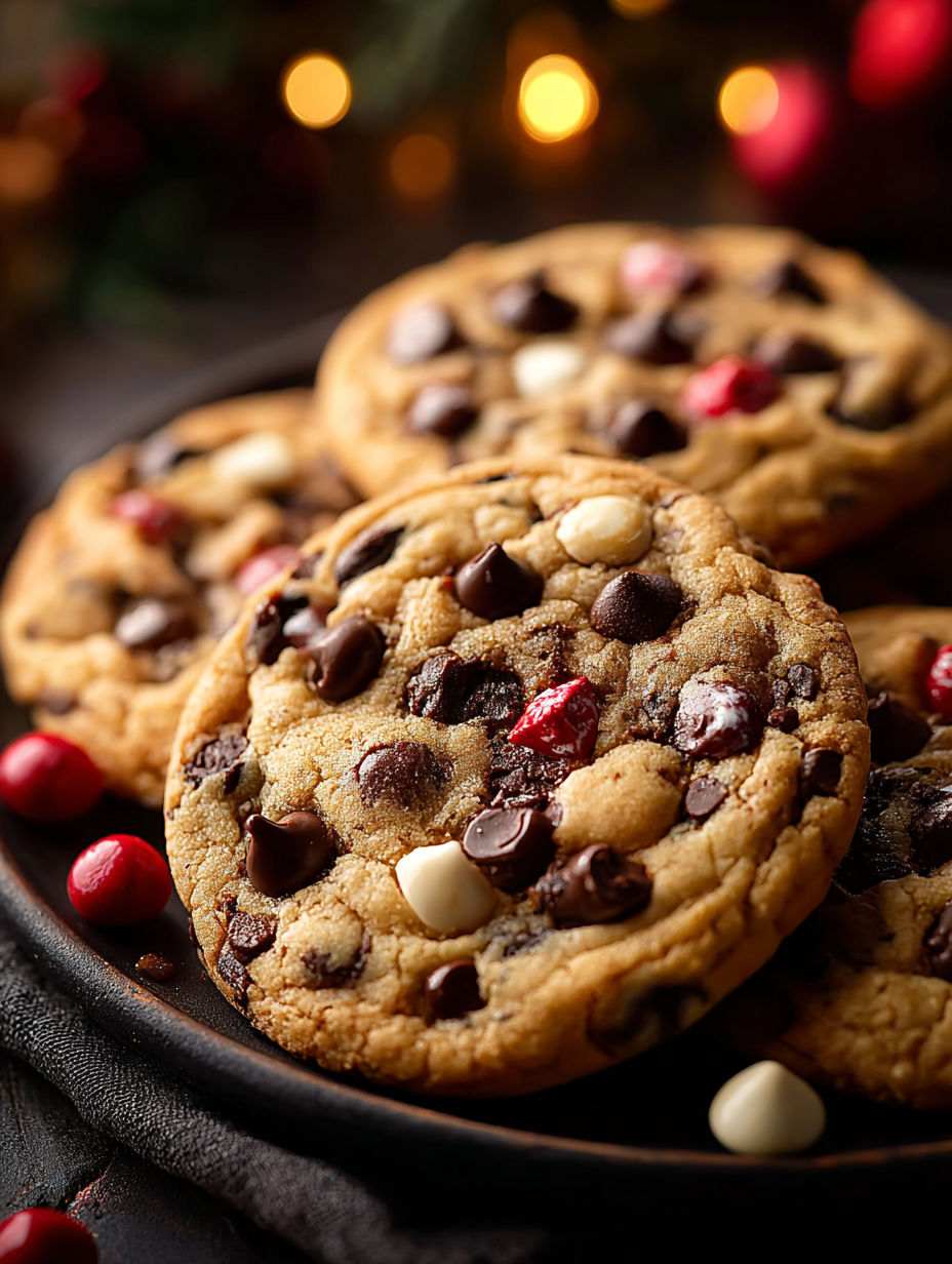 A plate of chocolate chip cookies.