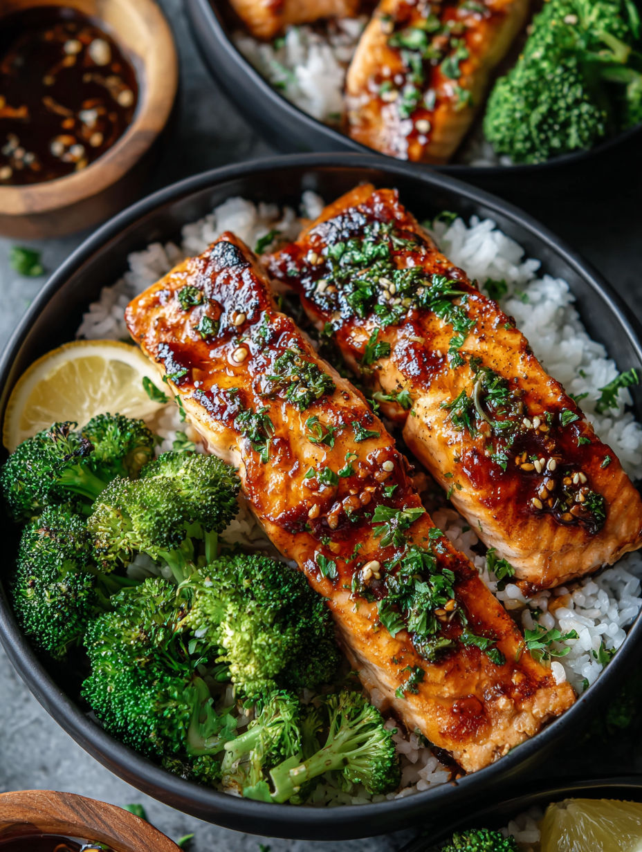 A bowl of food with salmon, broccoli, and rice.