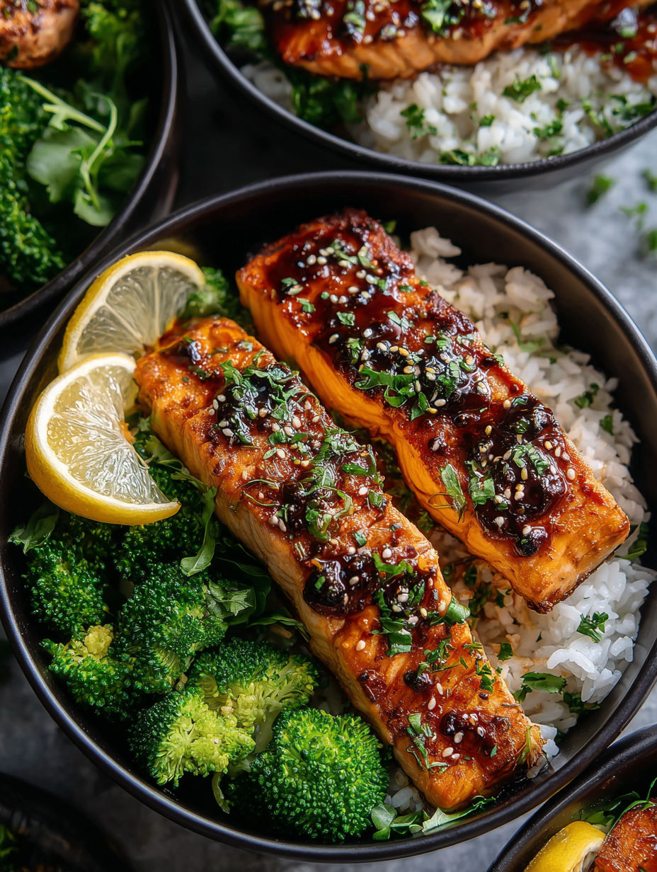 A bowl of food with salmon, rice, and broccoli.