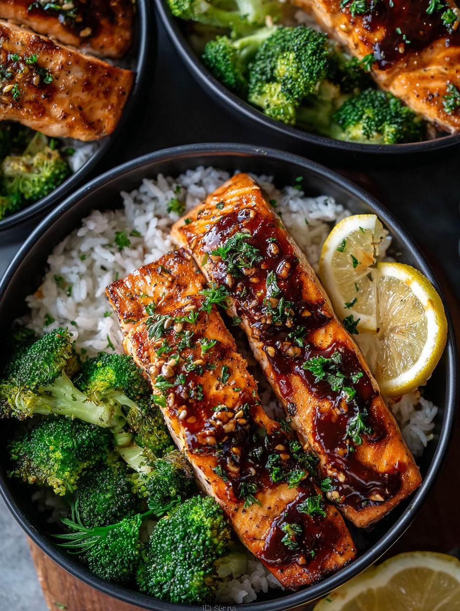 A bowl of food with salmon, rice, and broccoli.