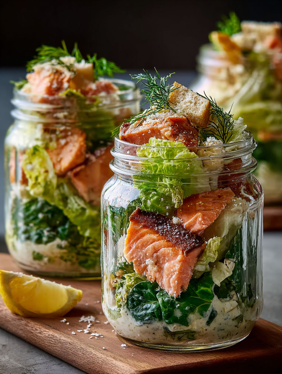 A jar of salmon caesar salad.
