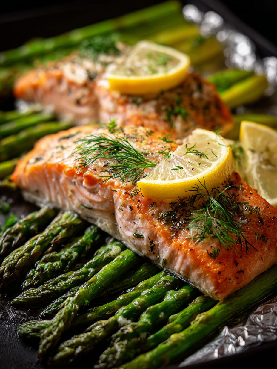 A dish of salmon with lemon and dill on top.
