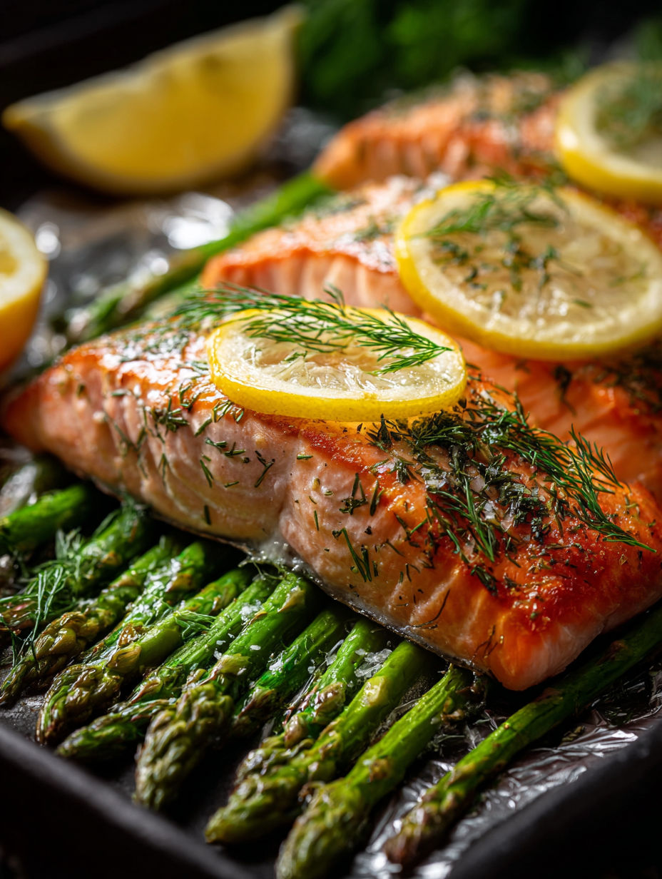 A plate of salmon with lemon and dill on top.