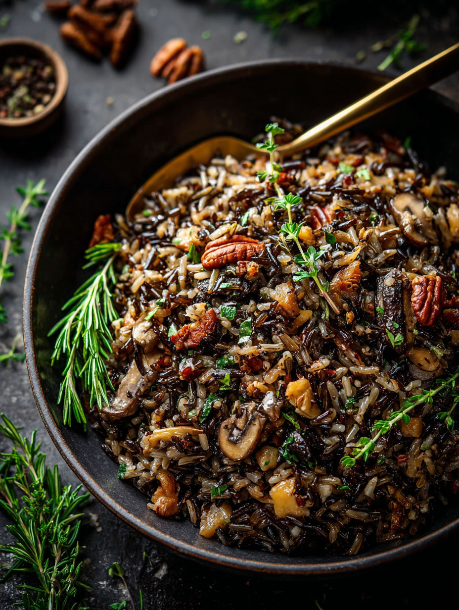 A bowl of rice and mushroom stuffing.