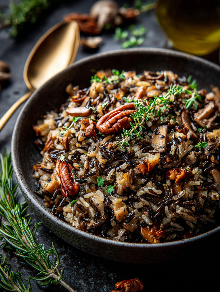 A bowl of rice and mushrooms.