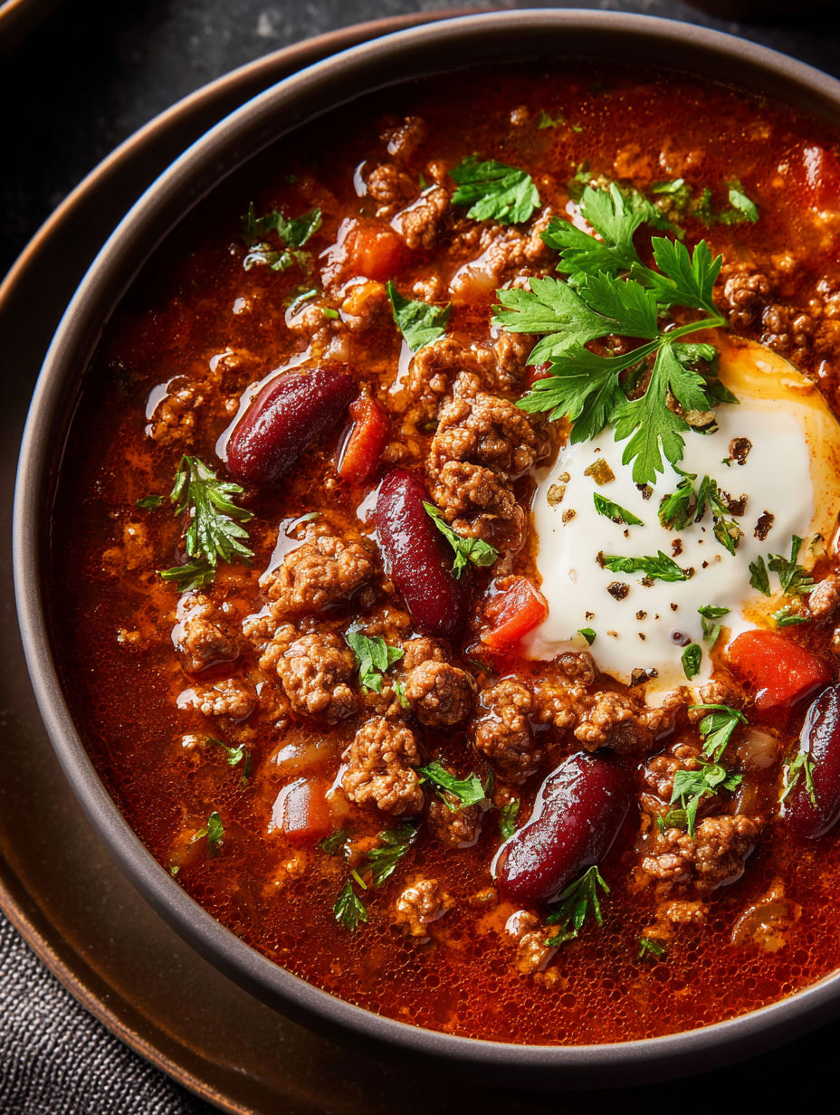 A bowl of chili-style ground beef soup.