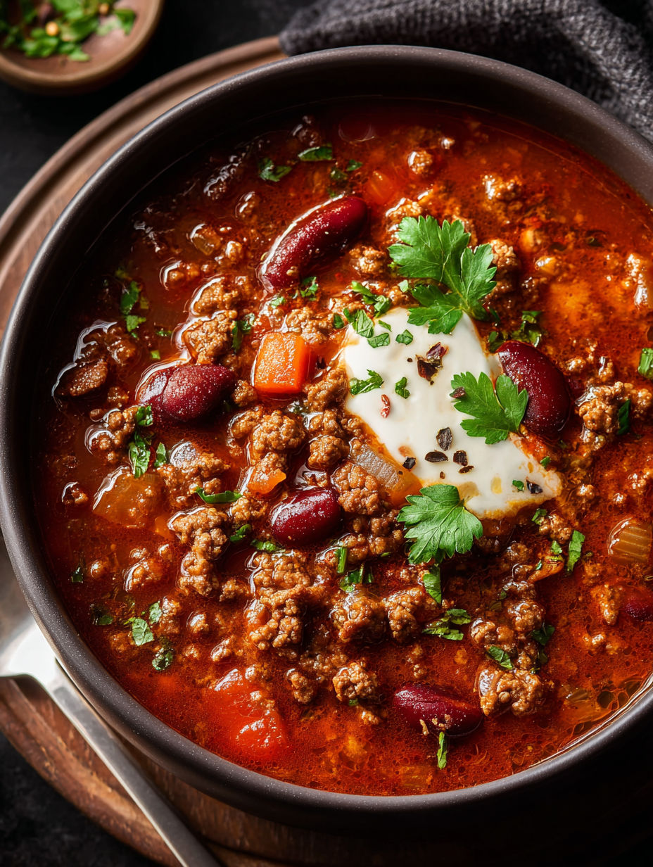 A bowl of chili-style ground beef soup with a dollop of sour cream on top.