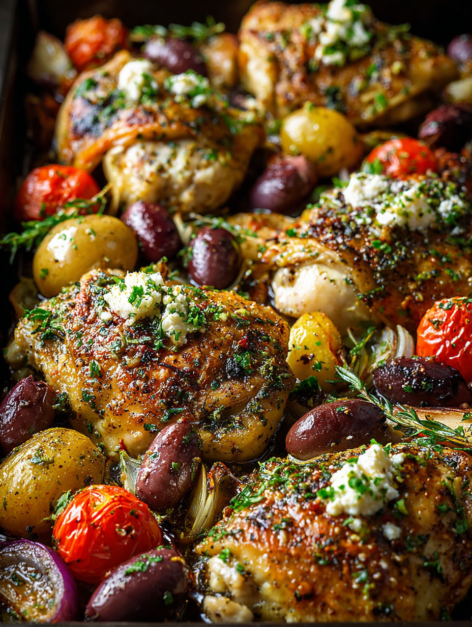 A Greek-inspired sheet pan chicken with various vegetables and herbs.