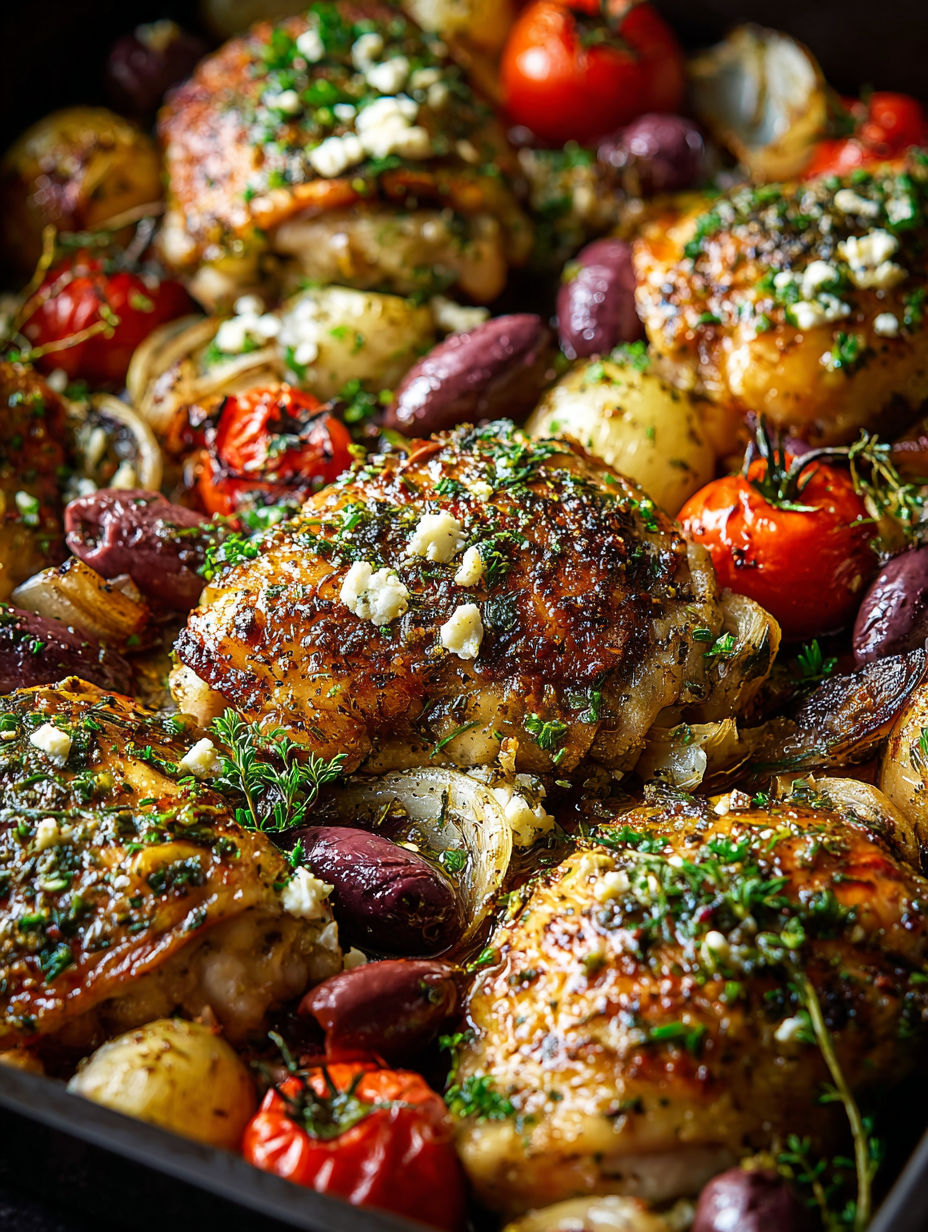 A close up of a Greek-inspired sheet pan chicken.