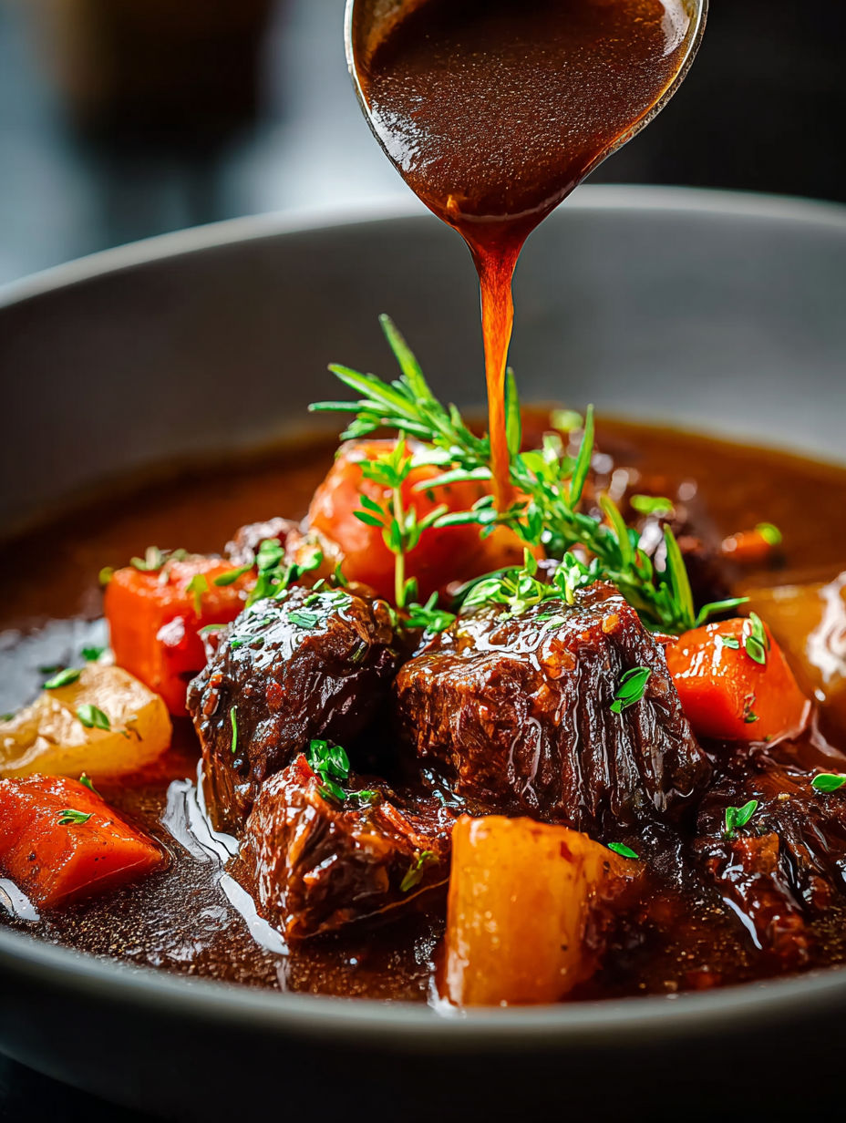 French beef stew with a drizzle of sauce.