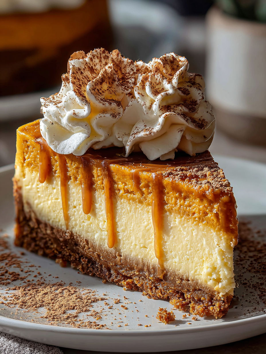 A slice of pumpkin pie cheesecake with whipped cream on top.