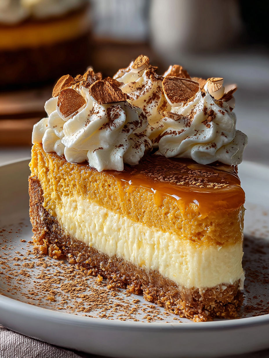 A slice of pumpkin pie cheesecake with whipped cream on top.
