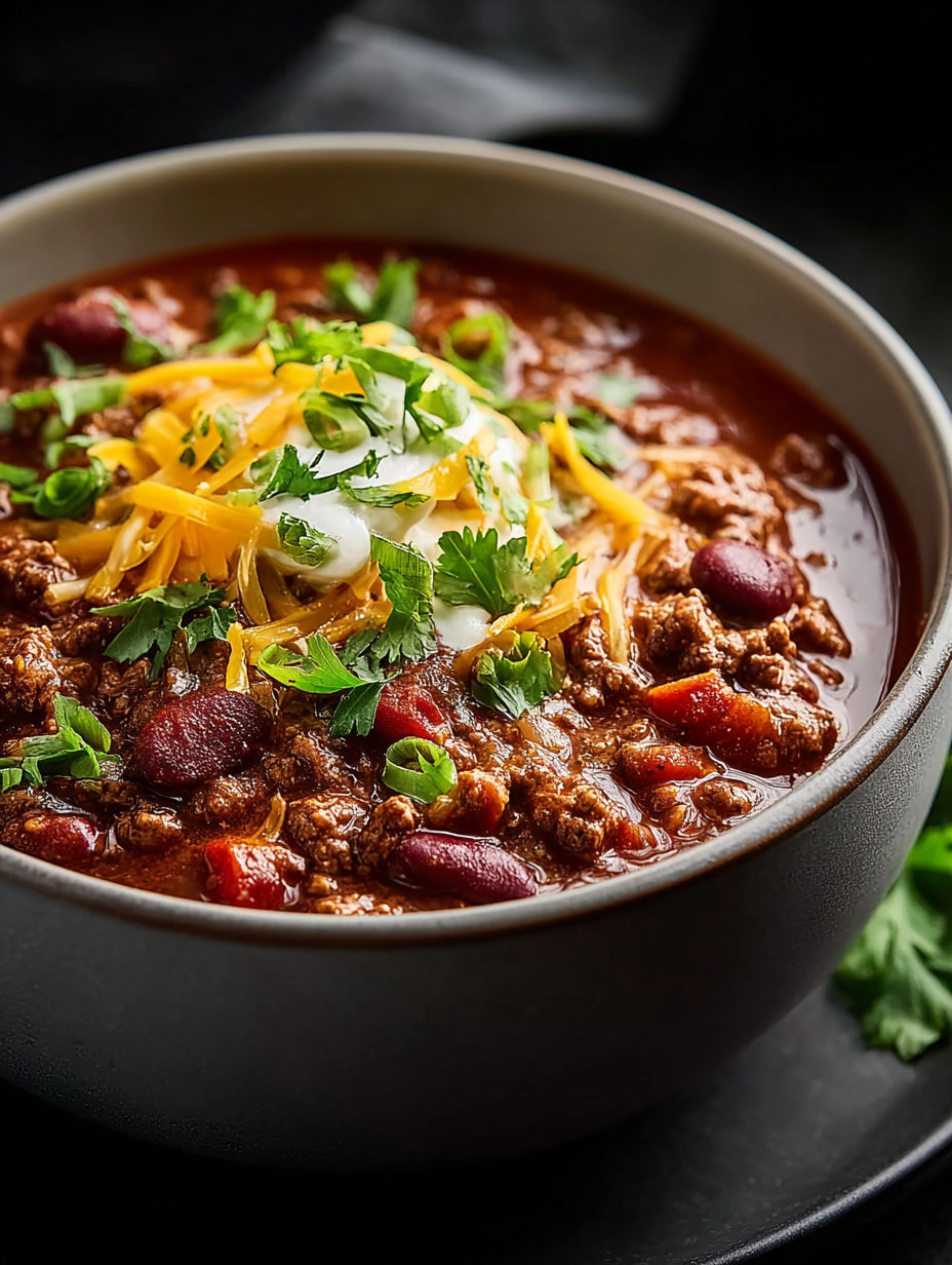 A bowl of chili with cheese and chives on top.