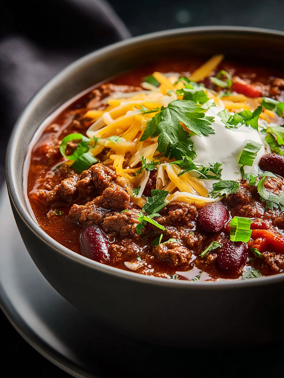 A bowl of chili with cheese and white onions.