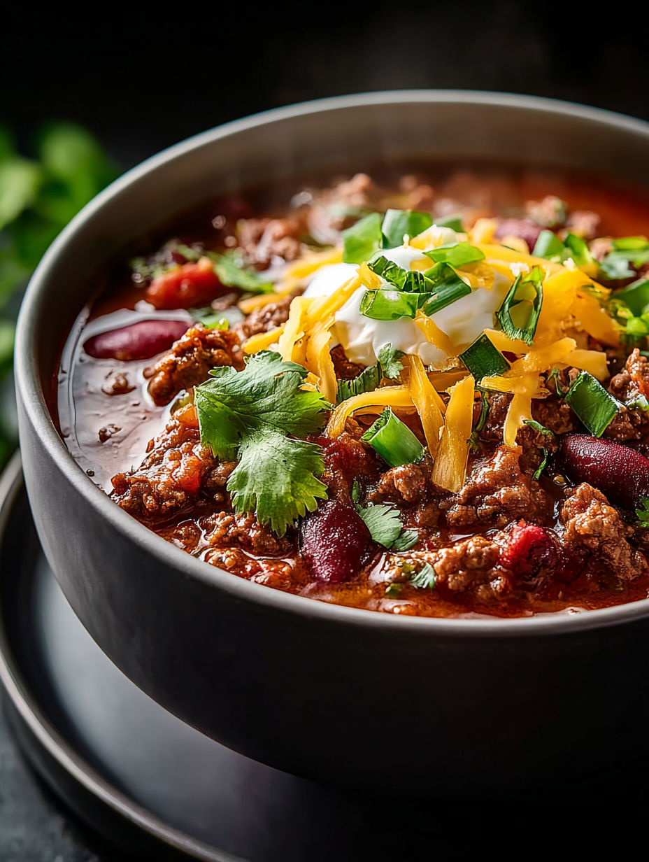 A bowl of chili with cheese and green onions.