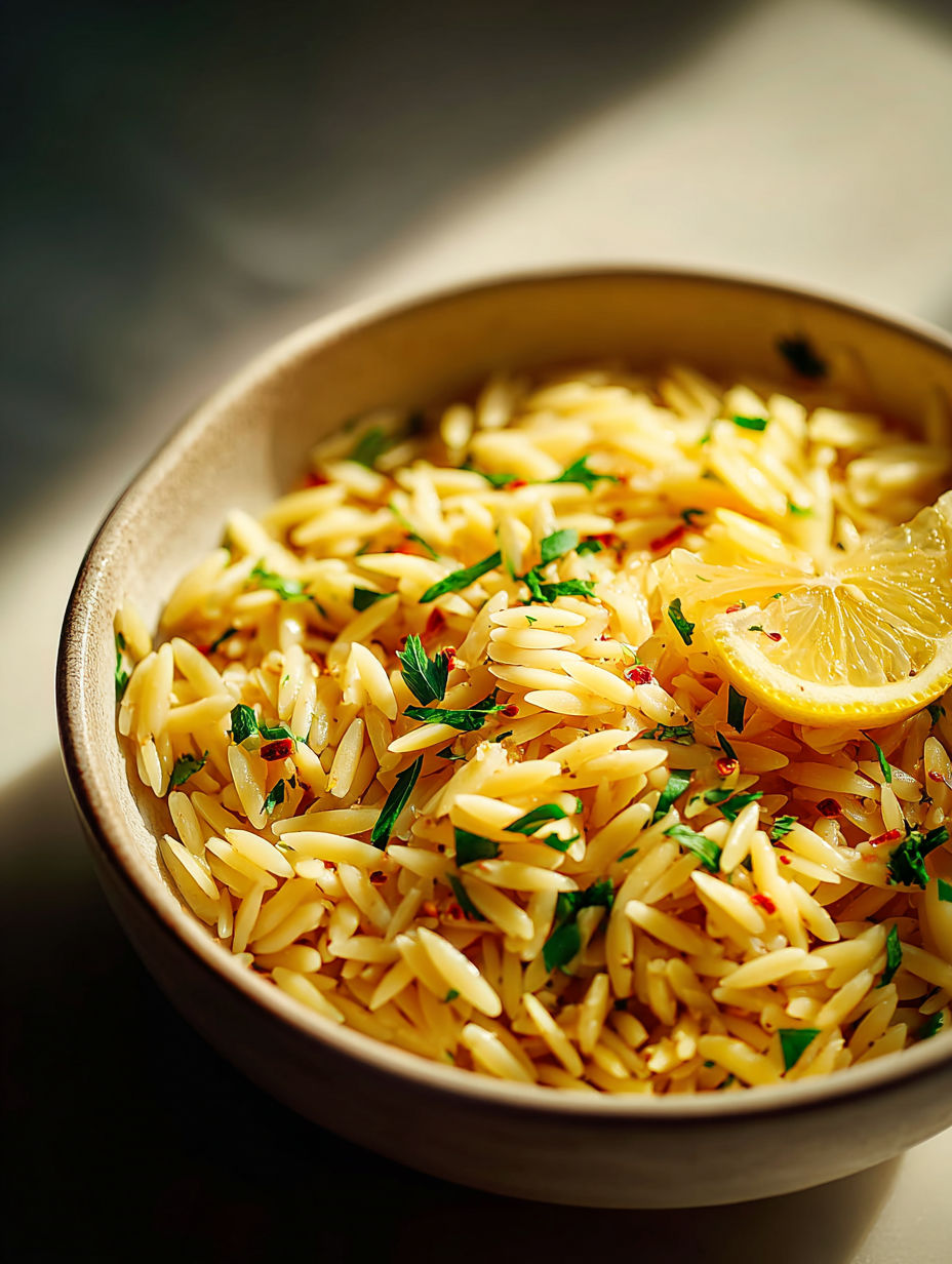 A bowl of pasta with a lemon wedge on top.