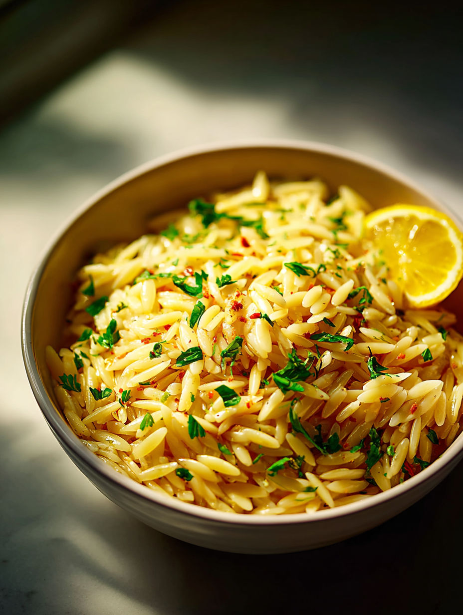 A bowl of pasta with lemon and herbs.