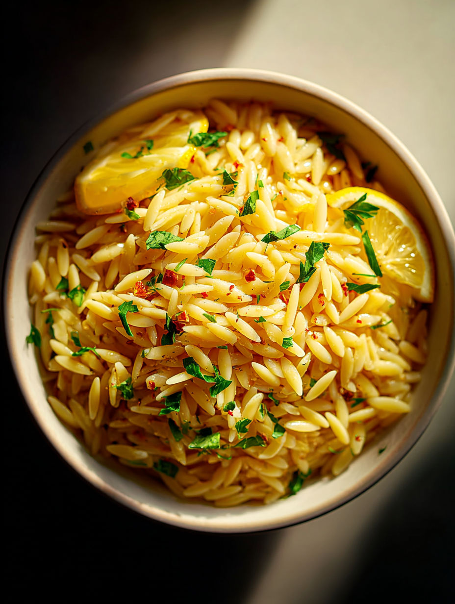 A bowl of pasta with lemon and herbs.