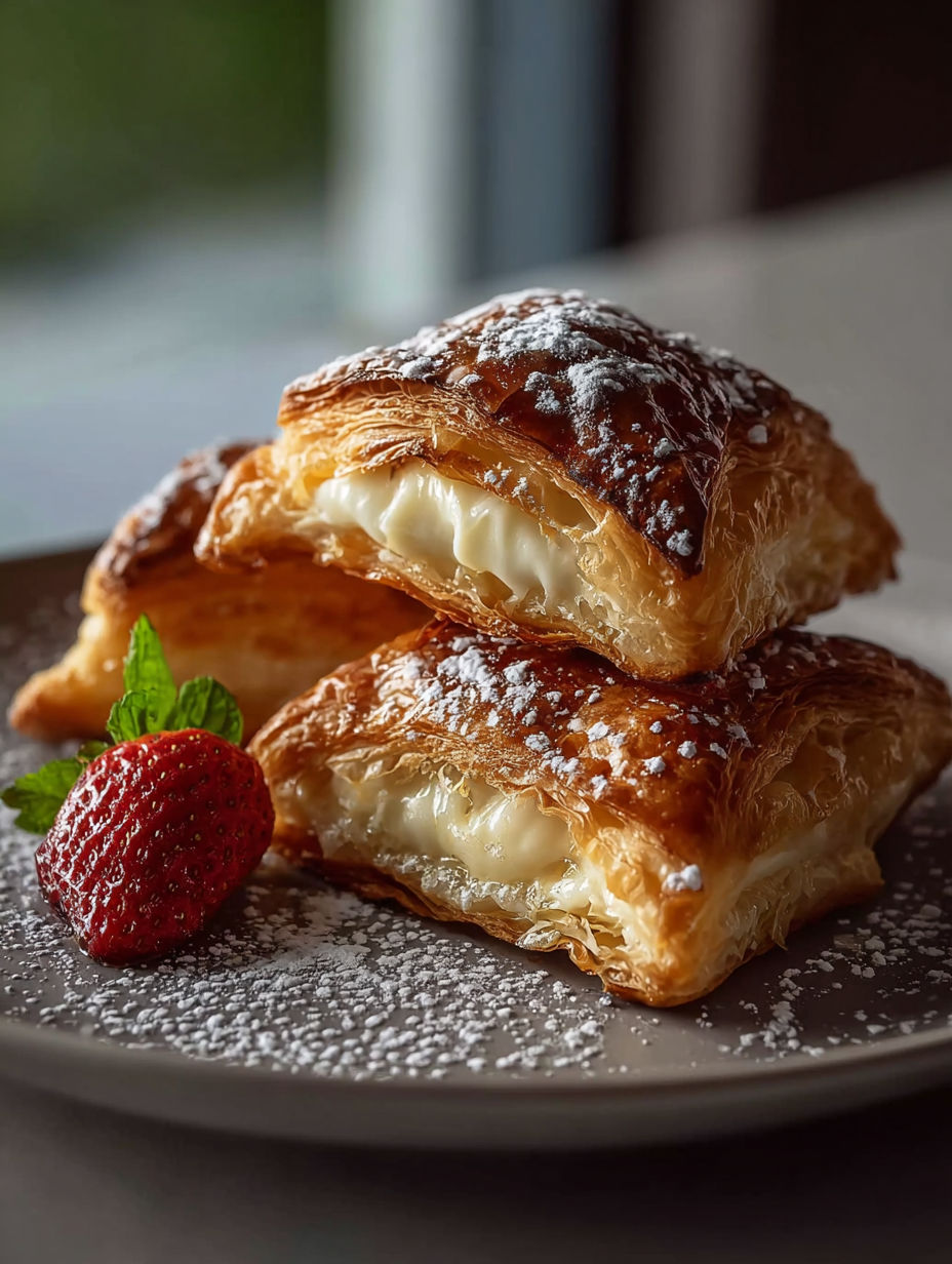 Two cream cheese pastries with powdered sugar on a plate.