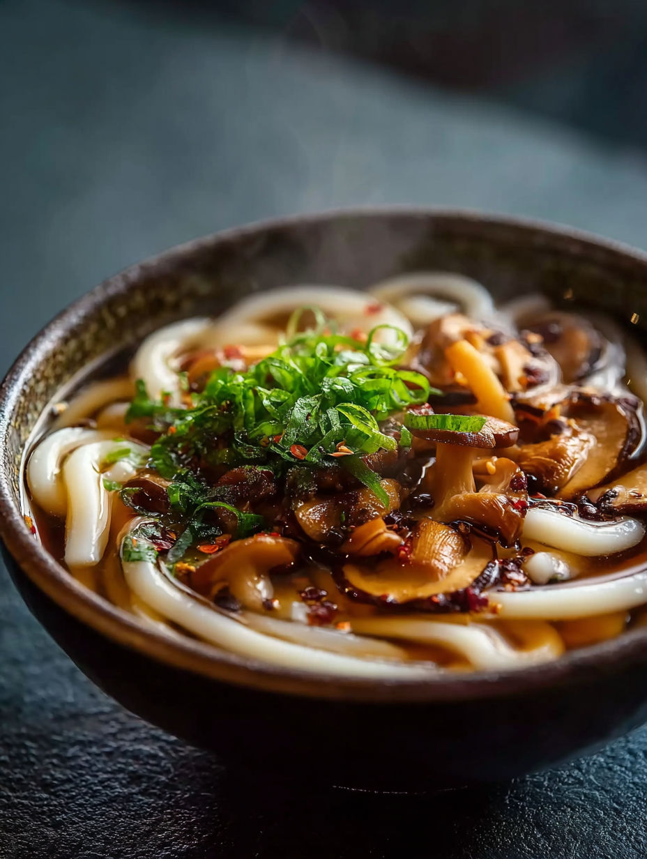 A bowl of soup with mushrooms and noodles.