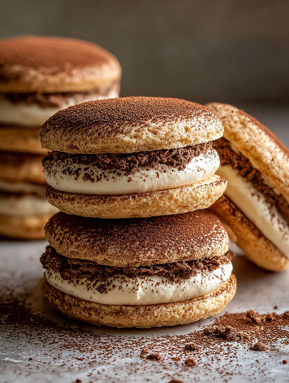 Tiramisu cookies stacked on top of each other.