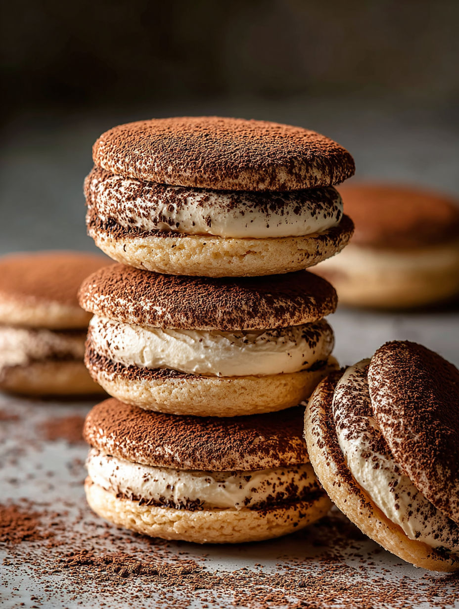 Tiramisu cookies stacked on a table.