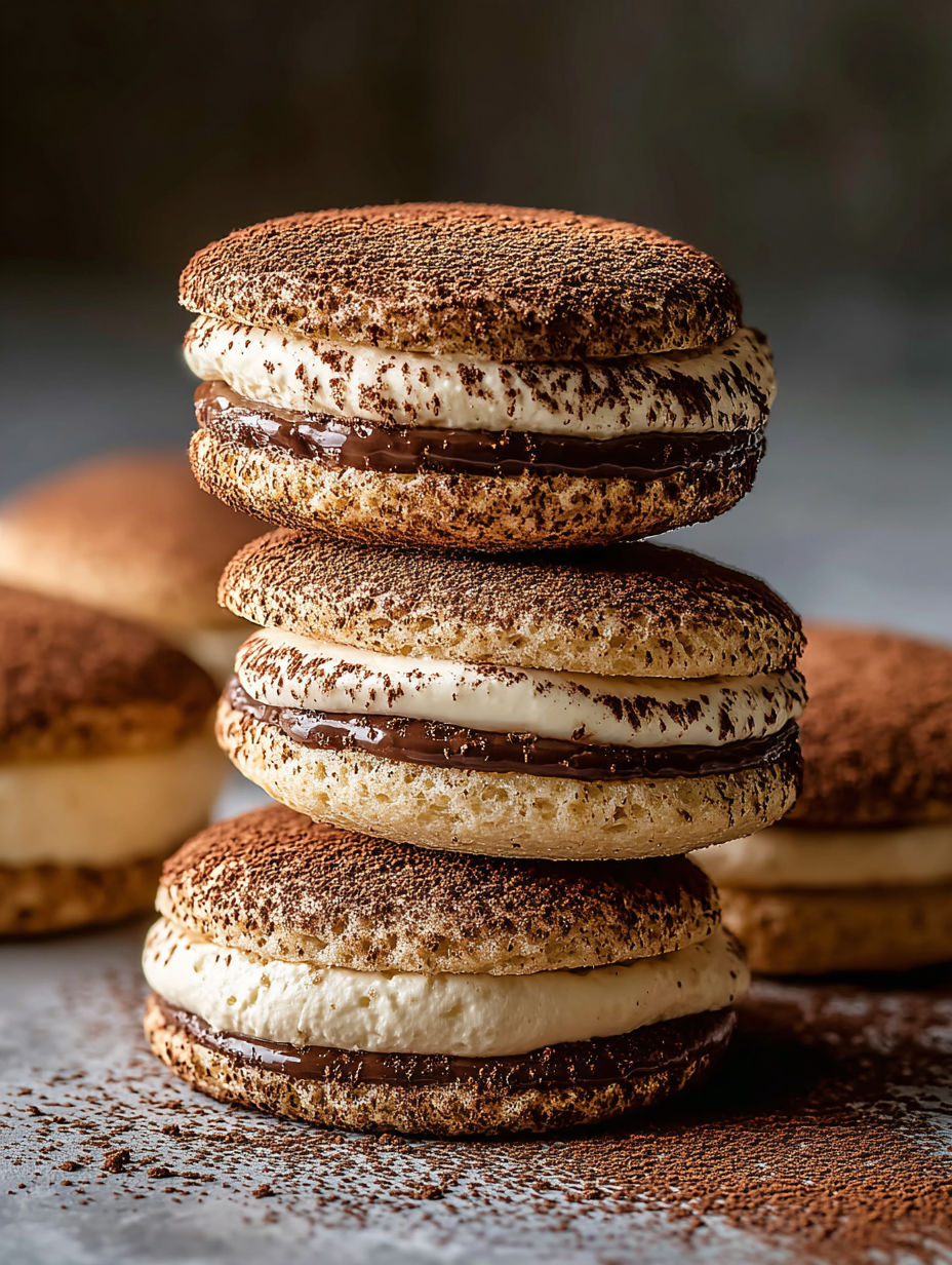 Tiramisu cookies stacked on top of each other.