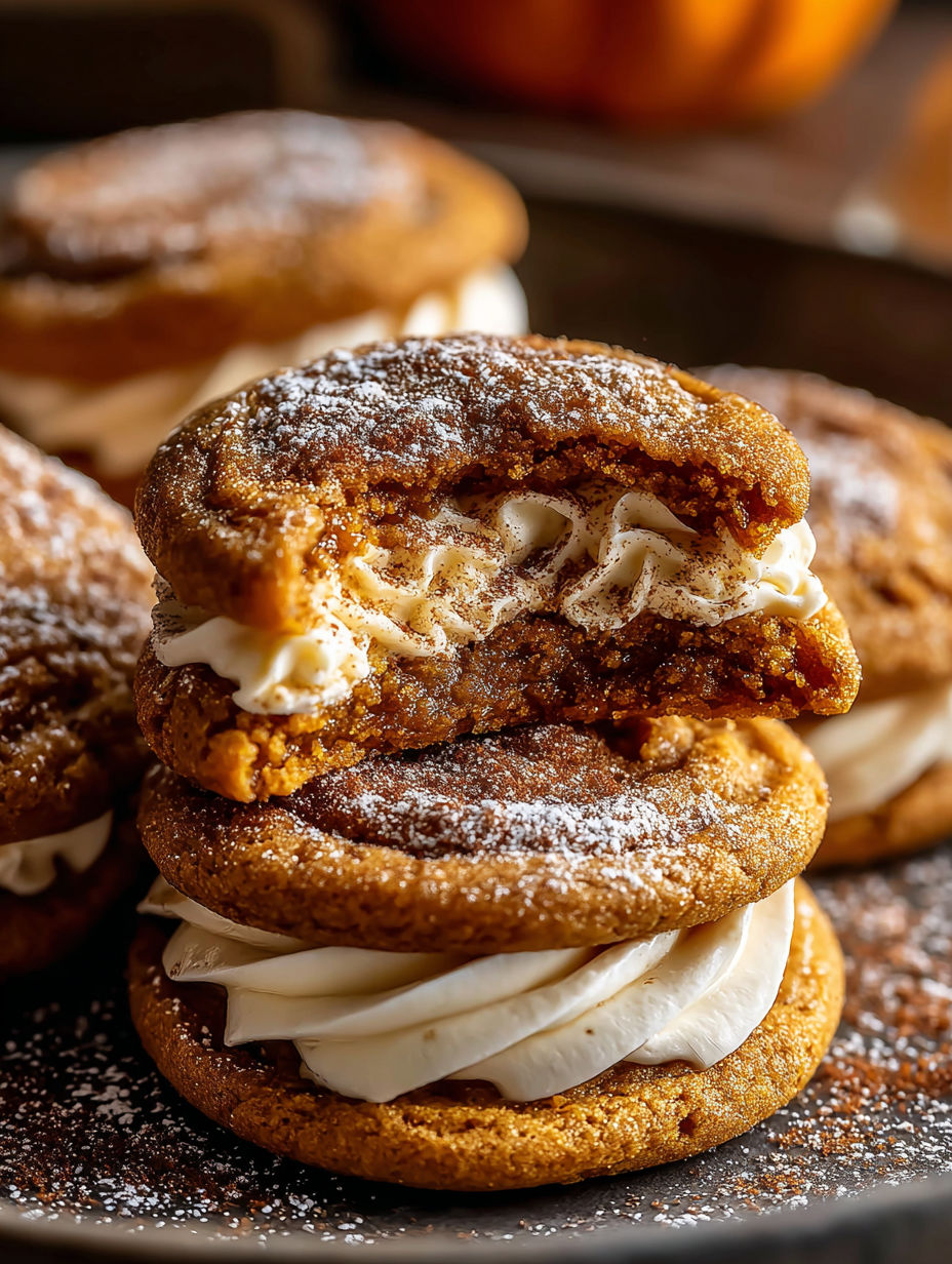 Pumpkin cheesecake cookies with white icing.