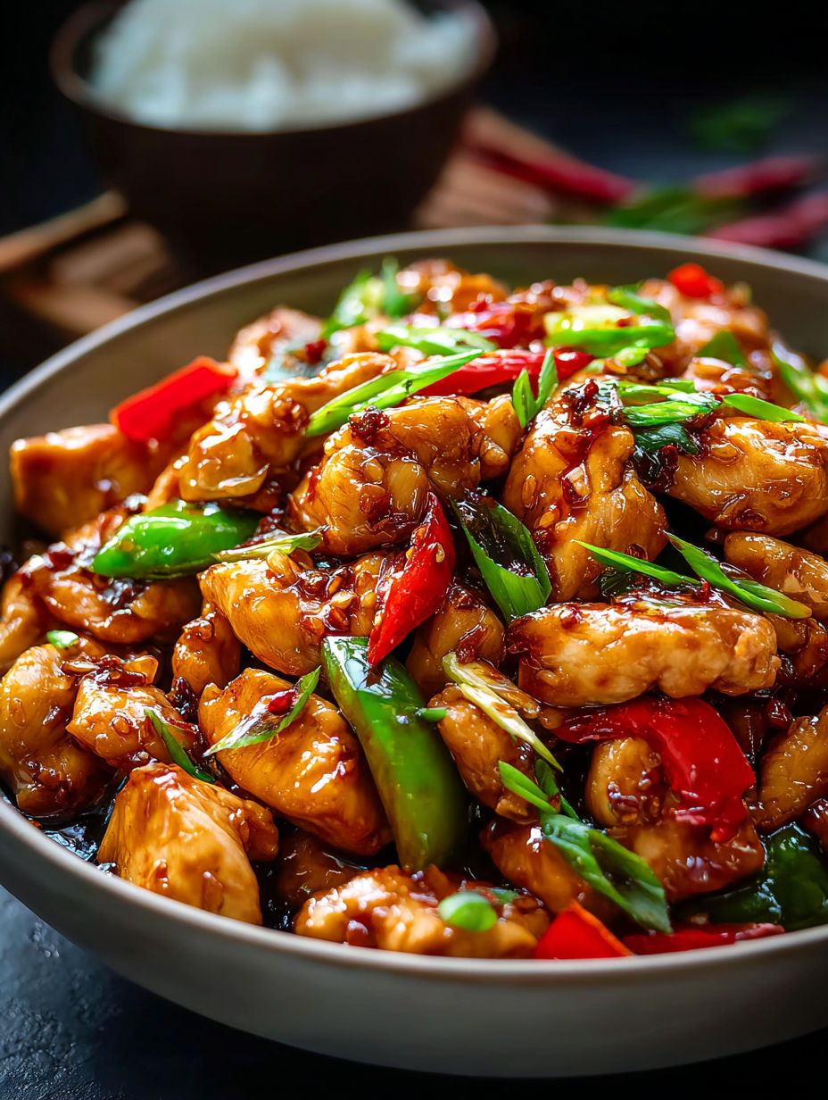 A bowl of stir-fried Chinese garlic chicken.