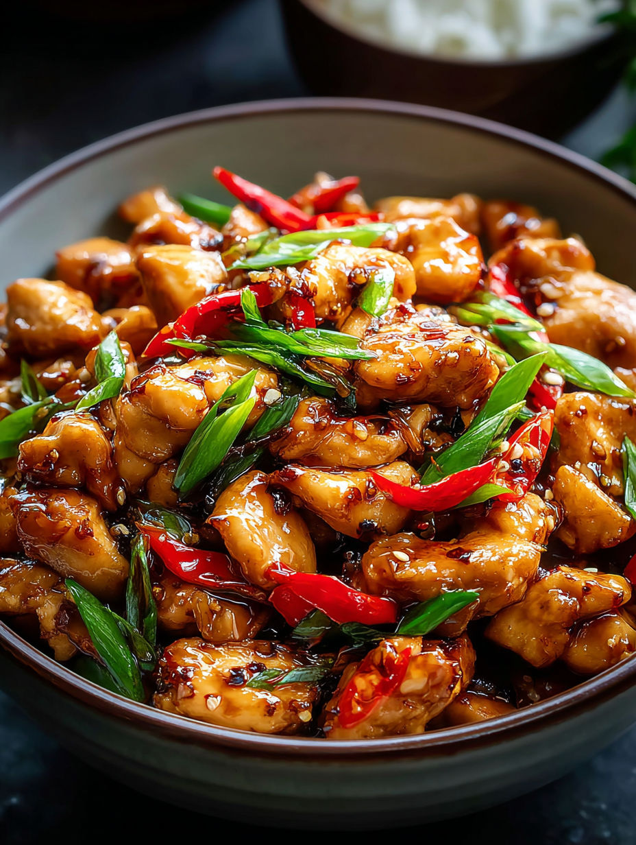 A bowl of stir-fried chicken with peppers and garlic.