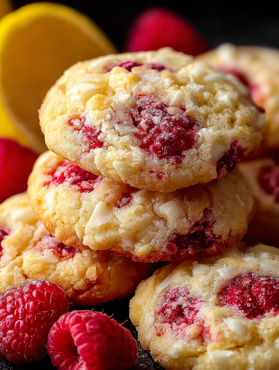A stack of cookies with a lemon and raspberry flavor.