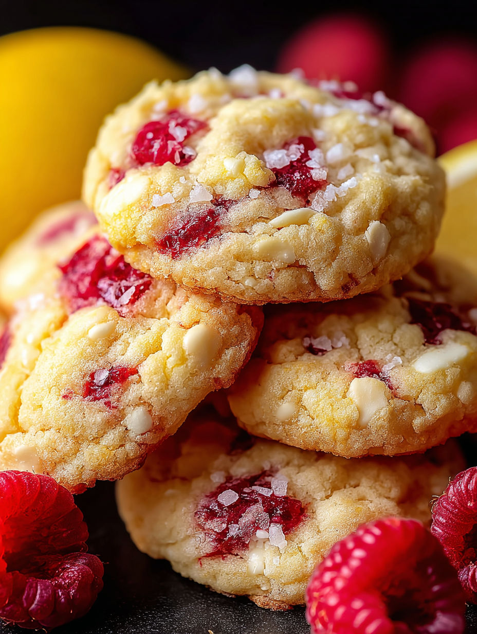 A stack of cookies with a lemon and raspberry flavor.