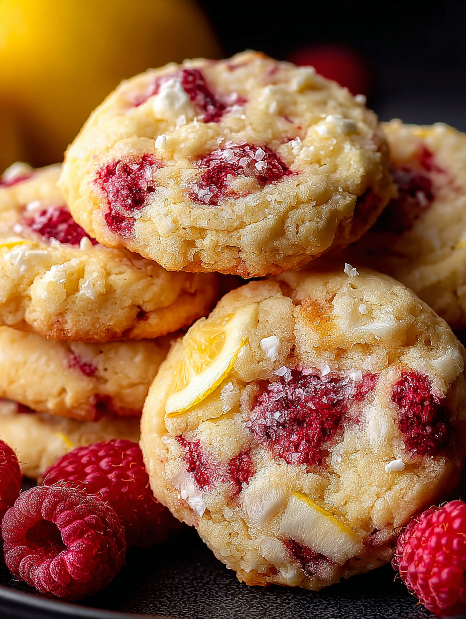 A stack of cookies with a lemon and raspberry filling.