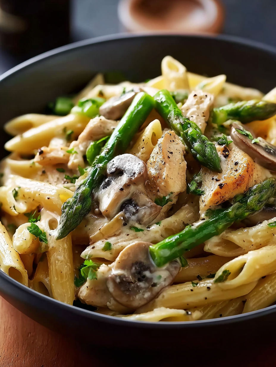 A bowl of creamy mushroom and asparagus chicken penne.