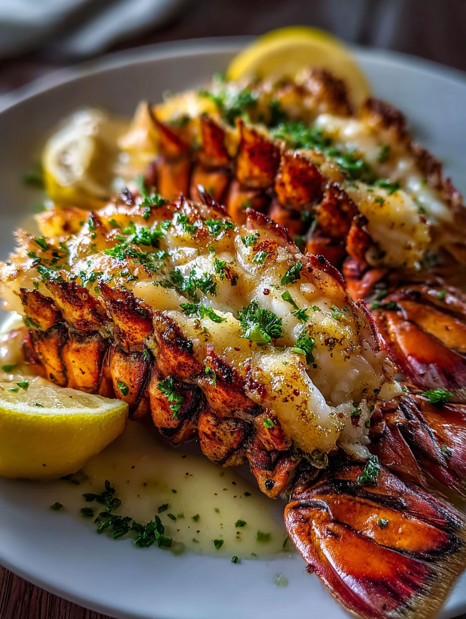 Grilled lobster tails with garlic lemon butter sauce.