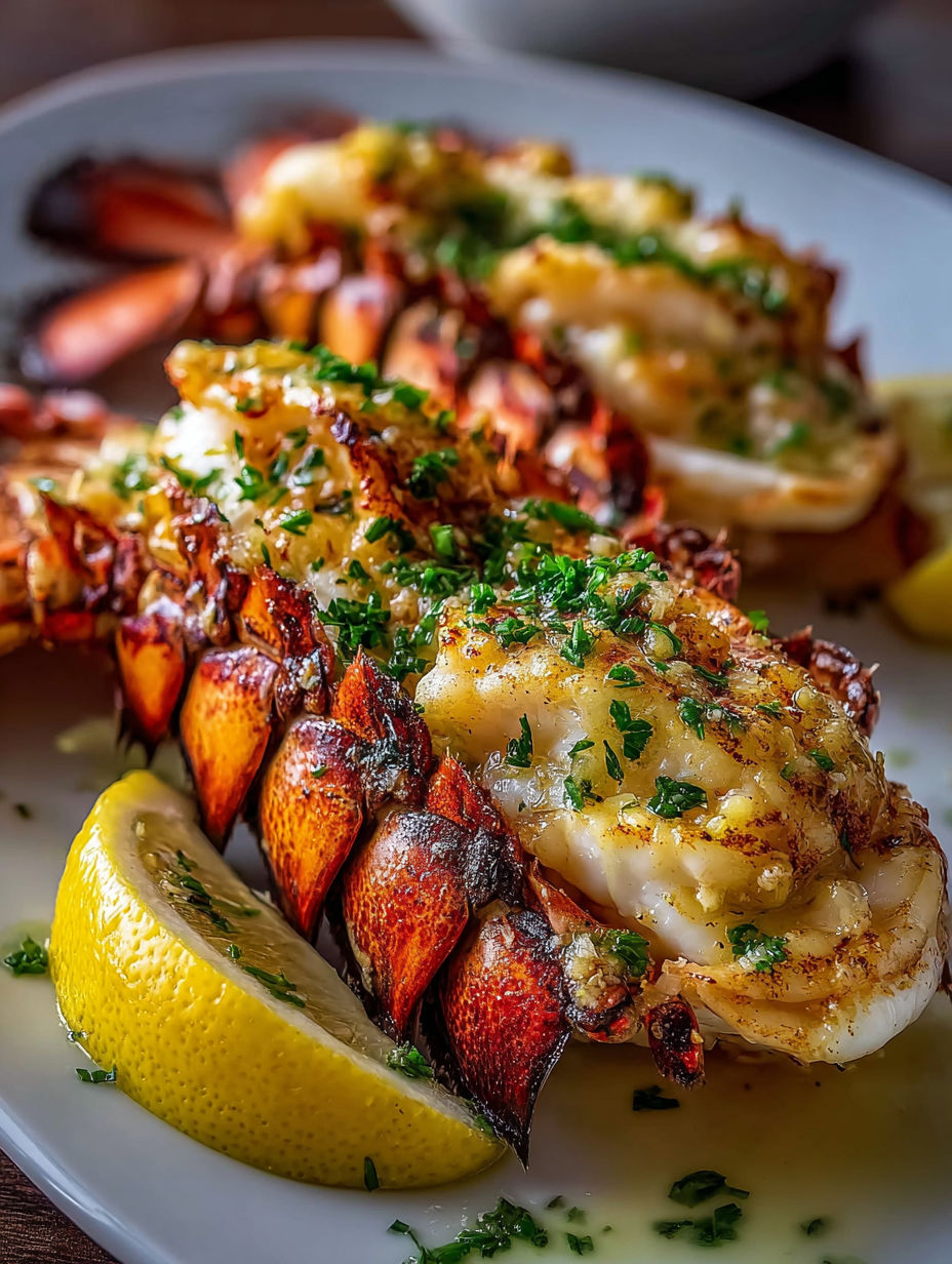 Grilled lobster tails with garlic lemon butter sauce.