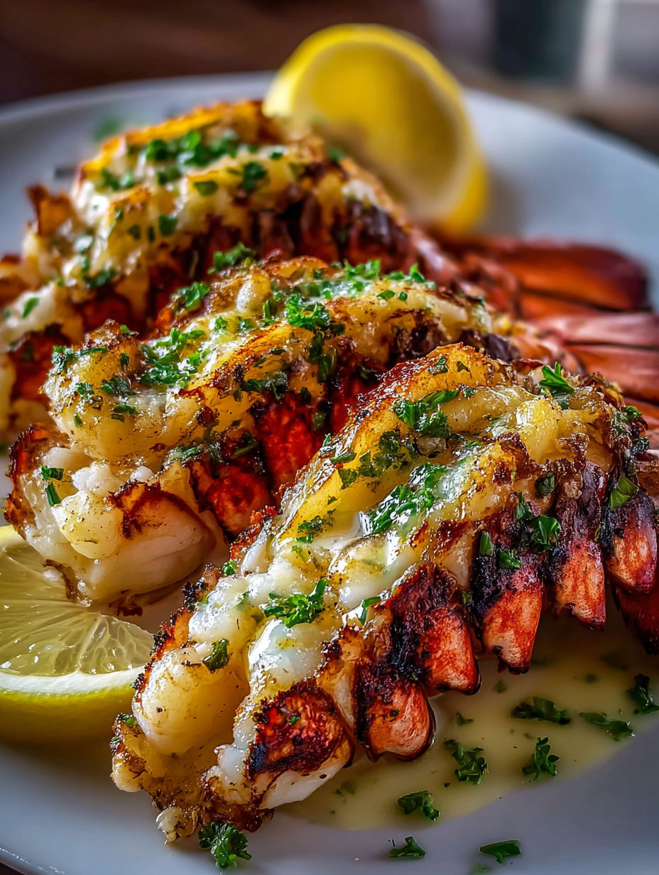 Grilled lobster tails with garlic lemon butter sauce.