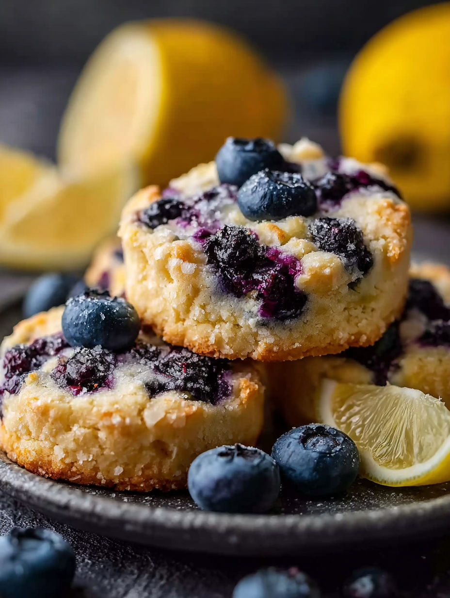 A plate of blueberry cheesecake cookies with lemon wedges.