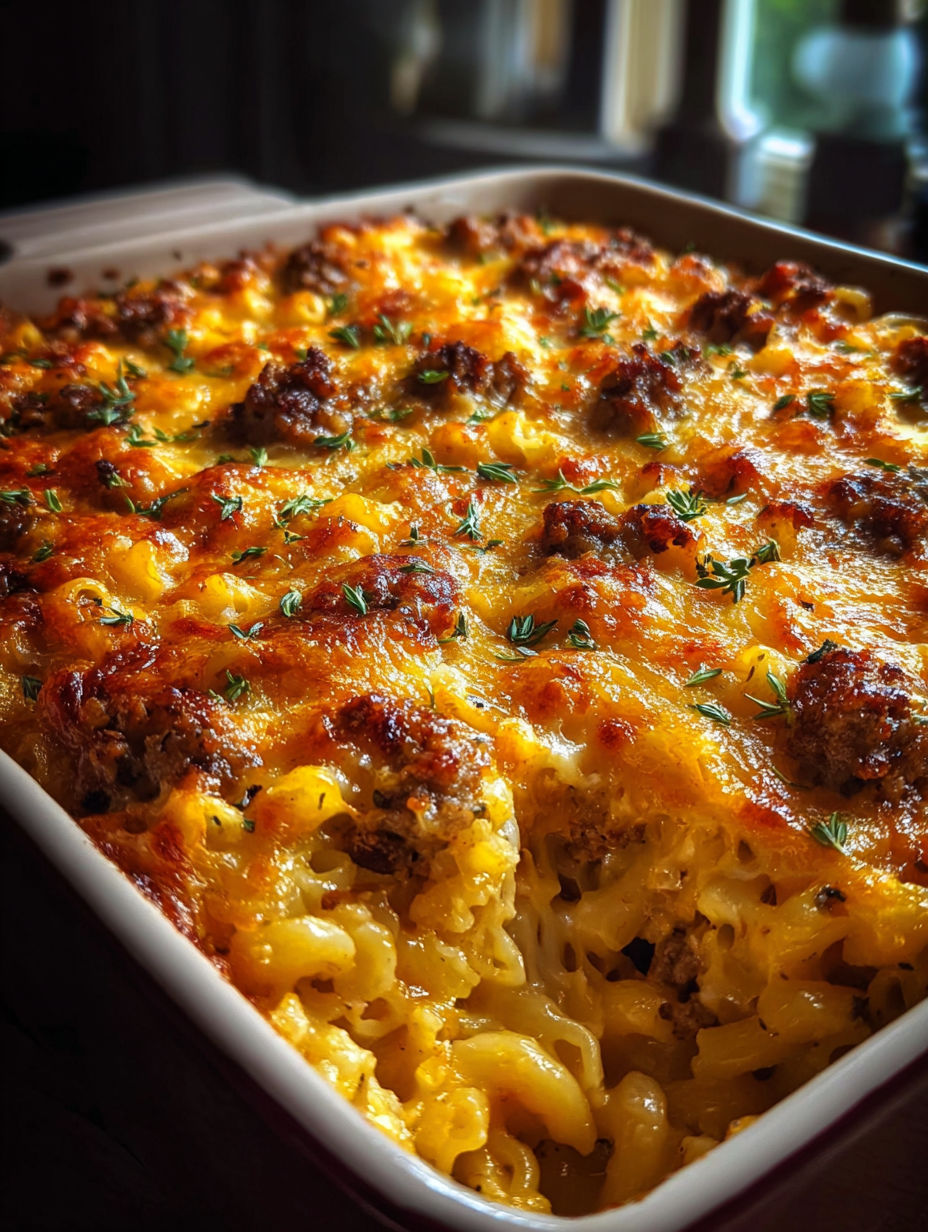 A dish of Amish Sunday Savior Casserole.