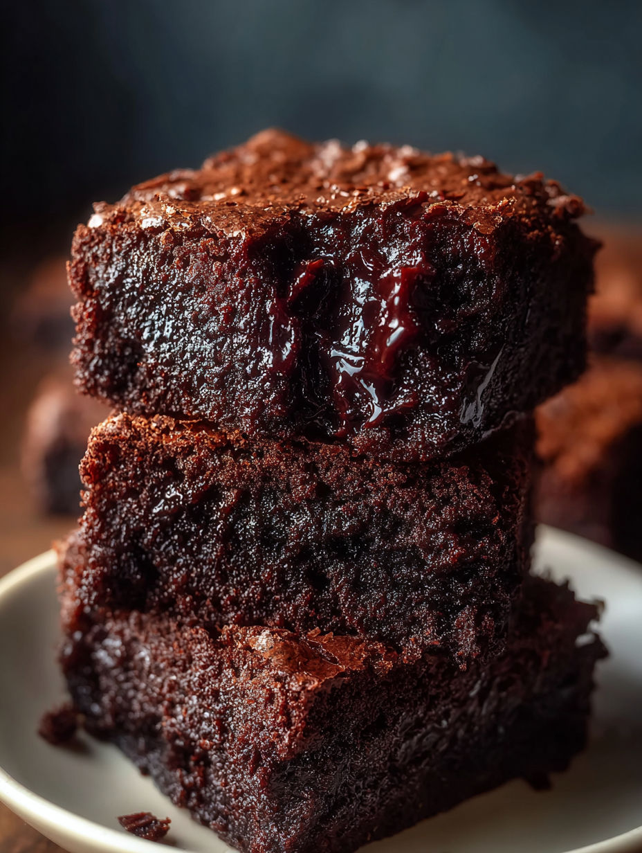 A stack of brownies with chocolate frosting.