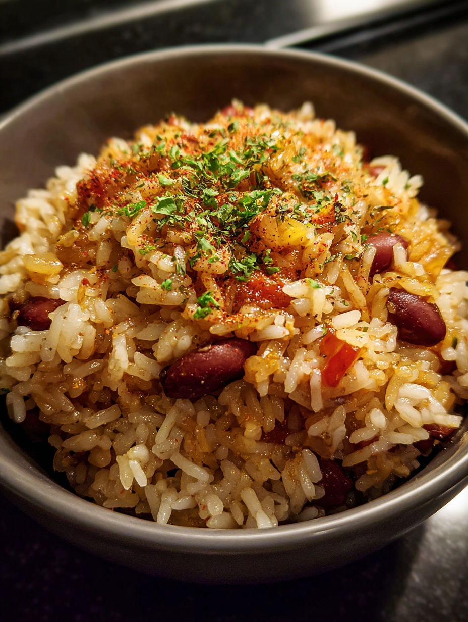 A bowl of rice with beans and spices.