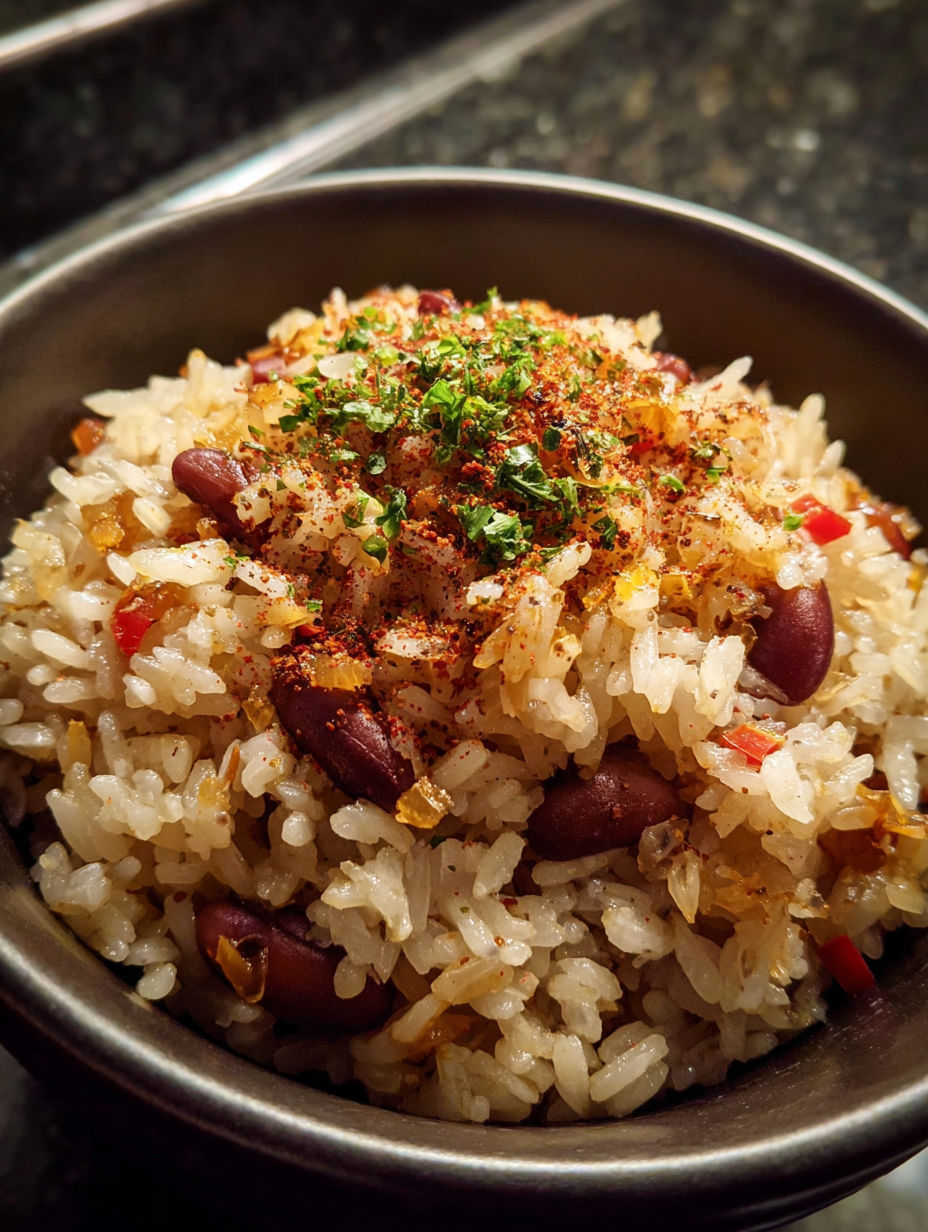A bowl of rice with beans and spices.