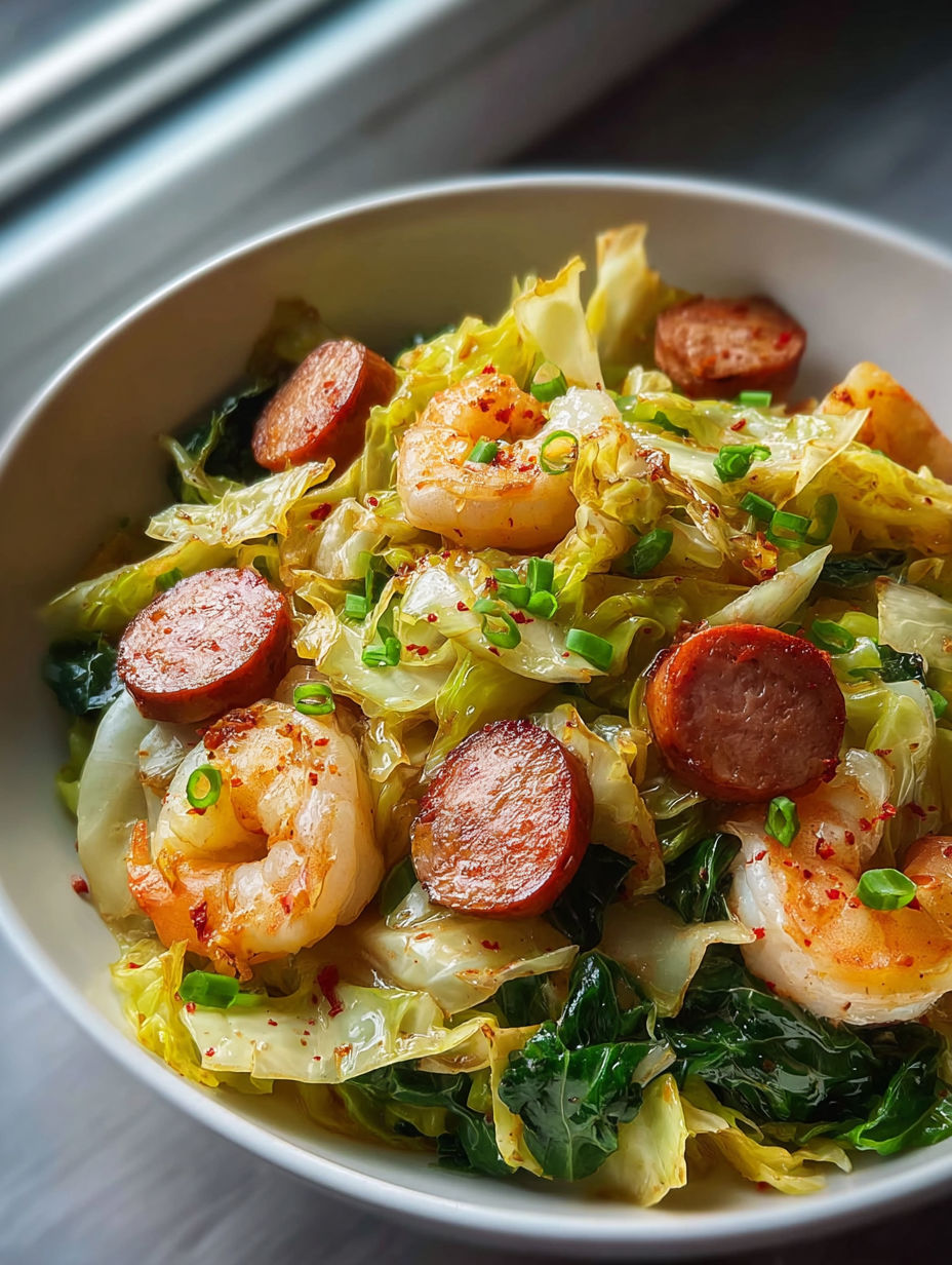 A bowl of food with shrimp, sausage, and cabbage.