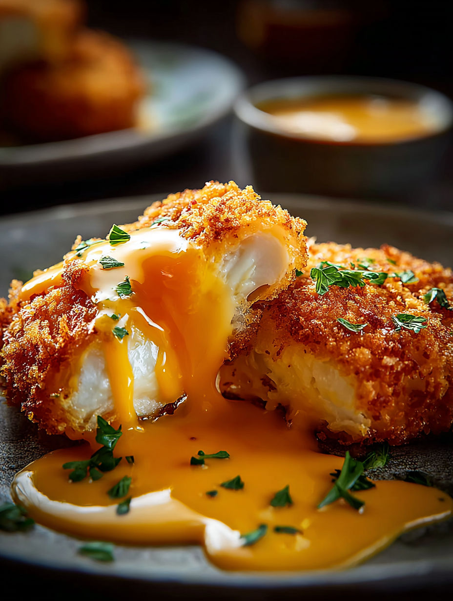 A piece of crispy cheddar chicken with sauce.